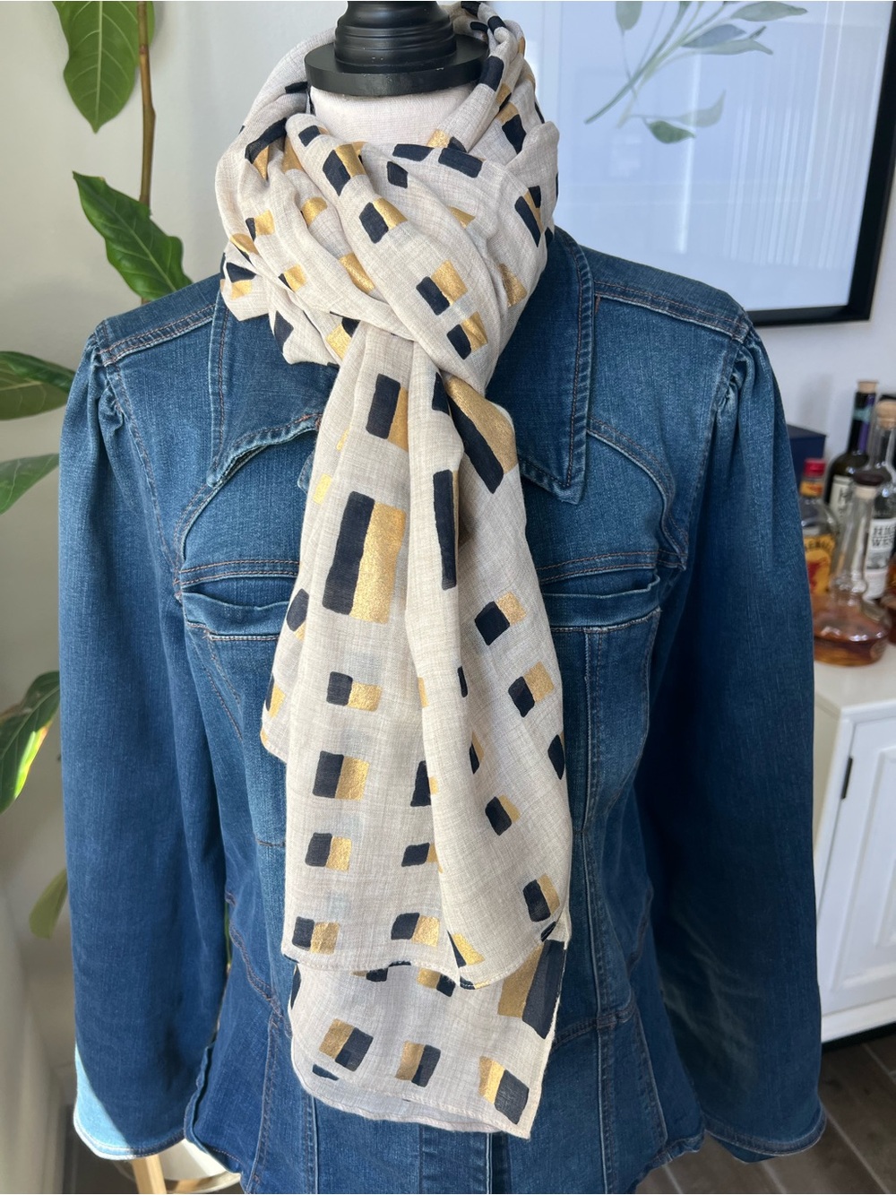 Light Beige Scarf with Gold and Black Geometric Print